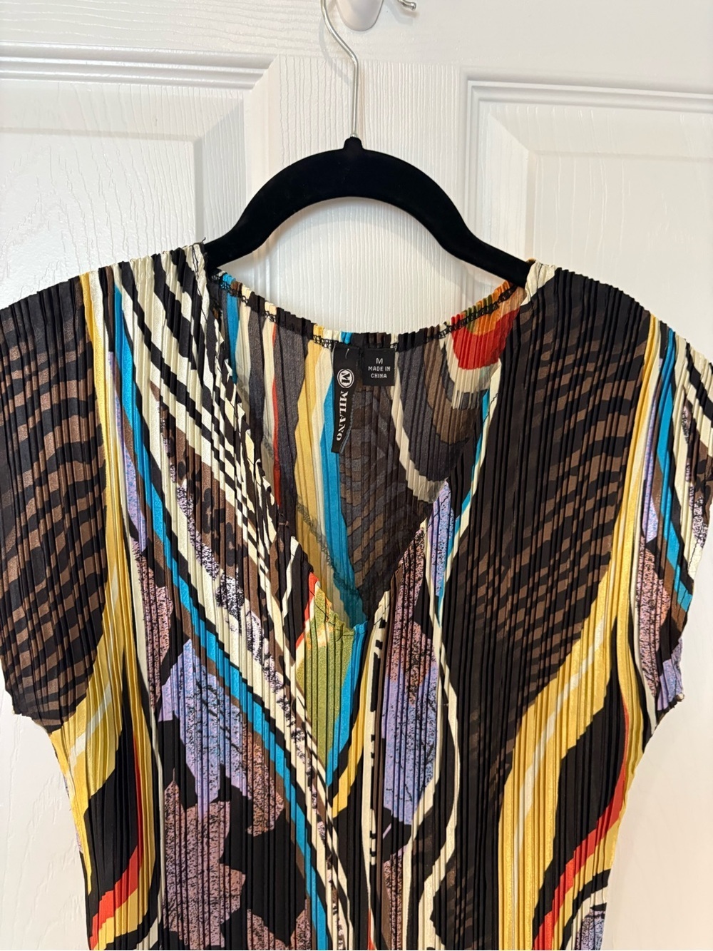 Milano Black Multicolor Pleated V-Neck Blouse - Picture 2 of 5